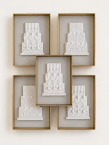 Białe torty w złotych ramkach