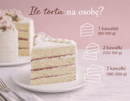 Grafika z kawałkiem tortu i tekstem 'Ile tortu na osobę?'