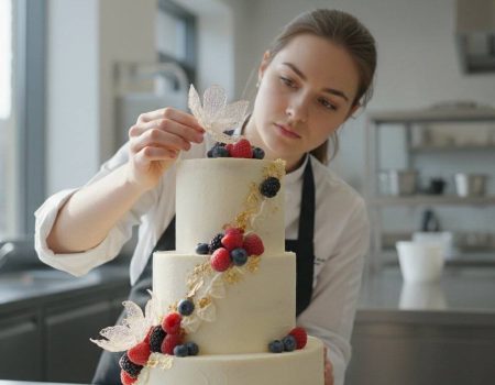 Cukierniczka dekorująca biały tort kwiatami