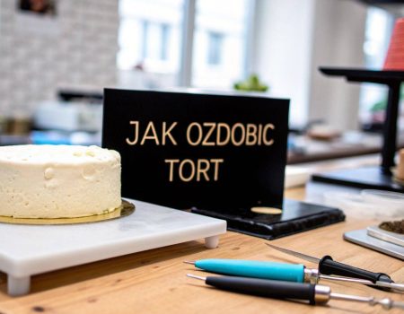 Grafika z napisem Jak ozdobić tort i narzędziami cukierniczymi