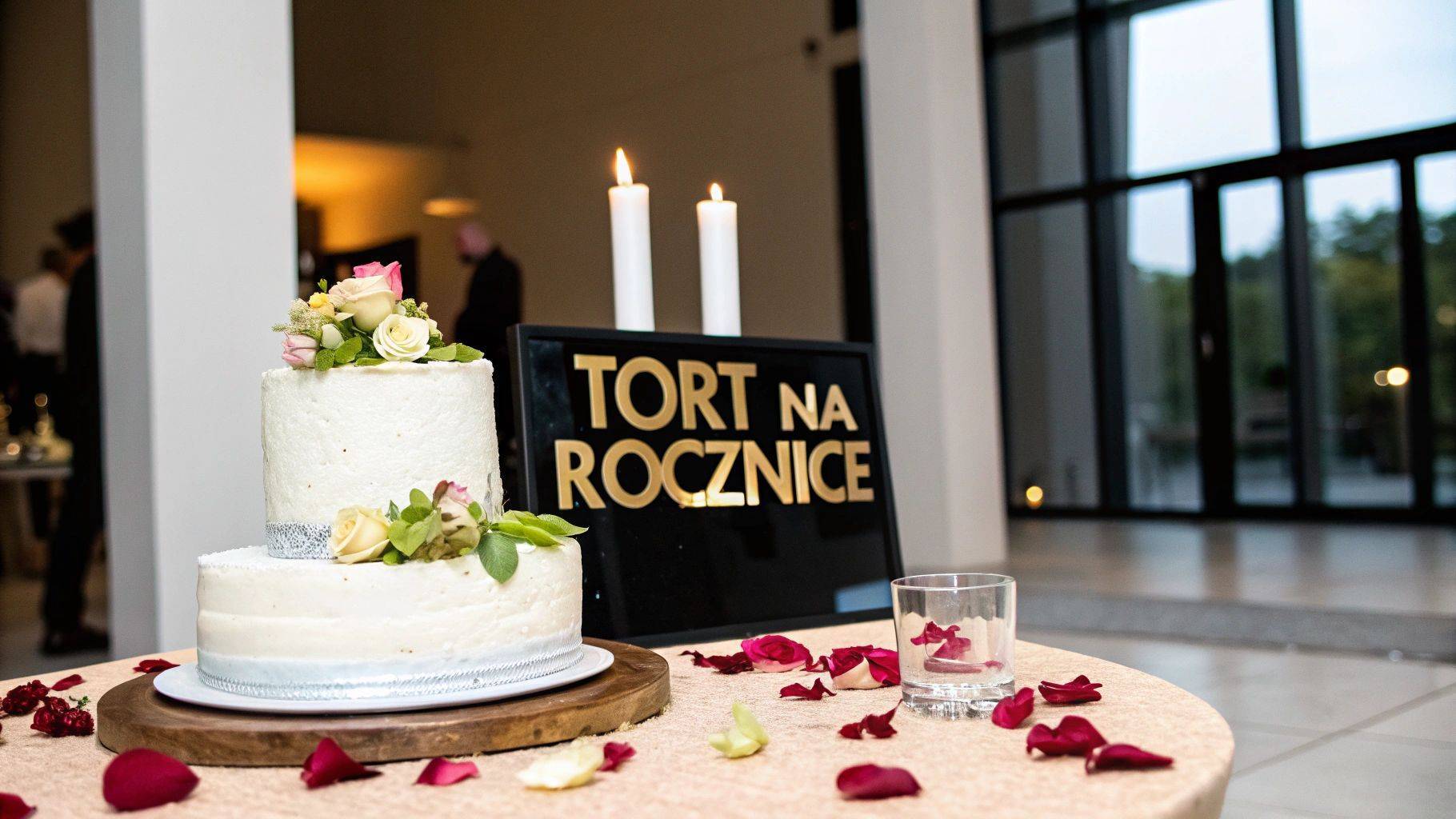 Grafika z napisem Tort na rocznicę i świecami na stole